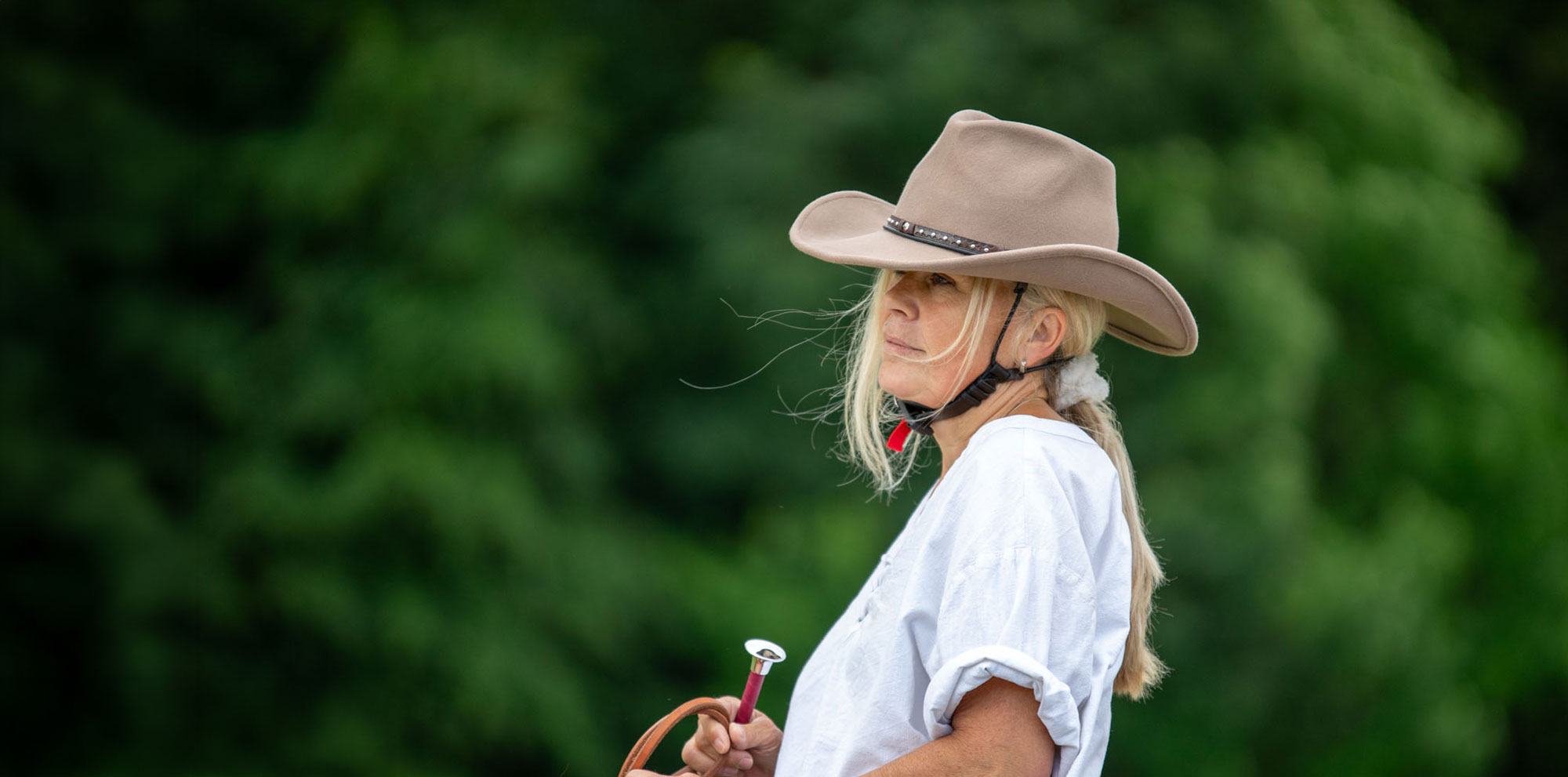 Rider wearing a handmade Hat-Line Western-style riding model